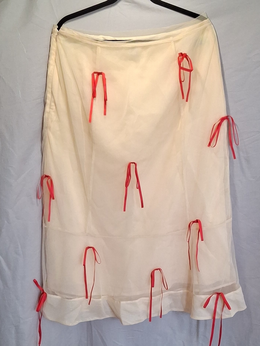 Anthropologie Maeve Ribbon Bow Tulle Pencil Midi Skirt - Cream/Red - Sz 14